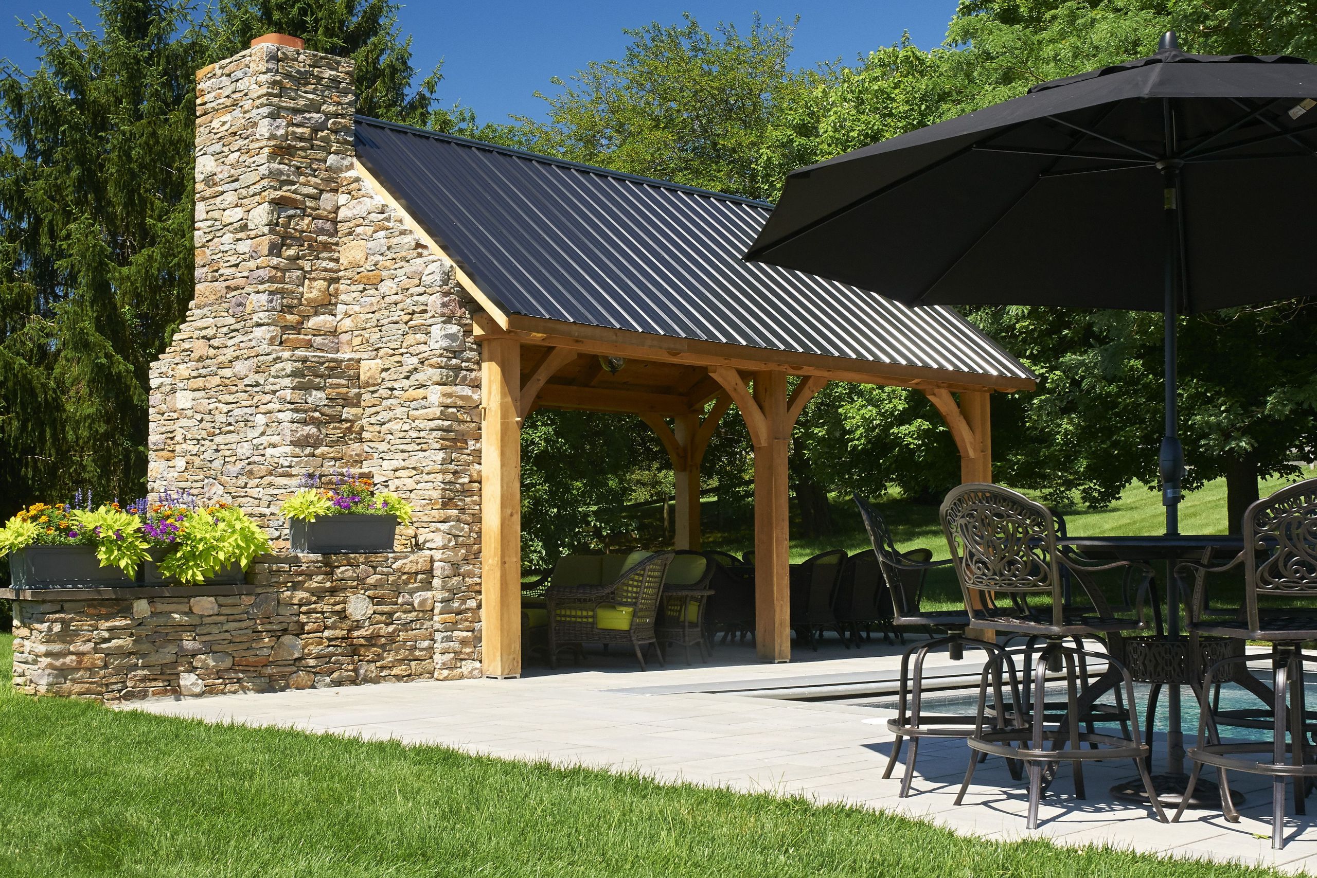 Nyc Fireplaces &amp; Outdoor Kitchens
 12 x 20 rustic timberframe pavilion with stone wall