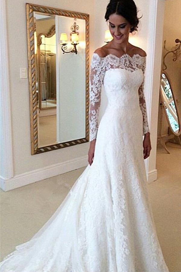 Off Shoulder Wedding Dresses
 Ivory Vintage Long Sleeves Wedding Dresses f Shoulder