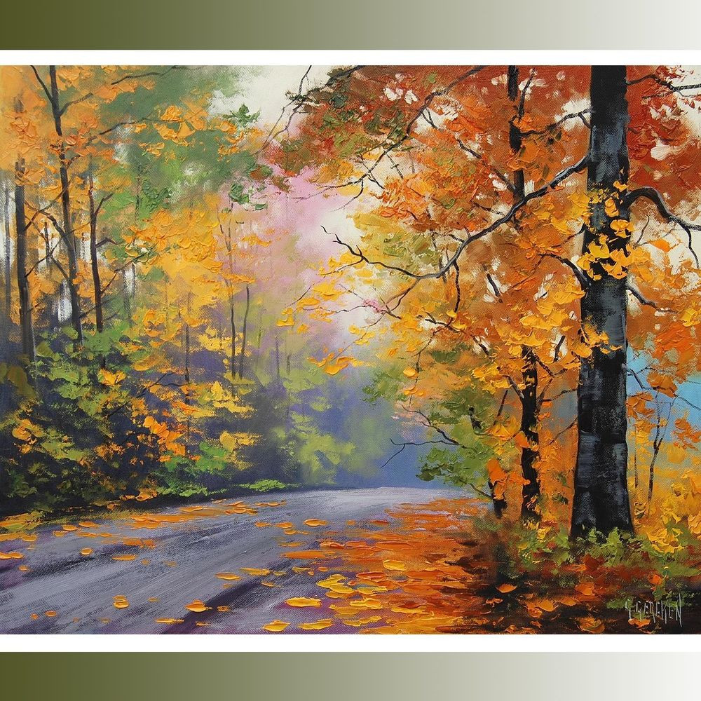 Oil Painting Landscape
 LARGE Autumn Oil painting FALL TREES ROAD TRAIL
