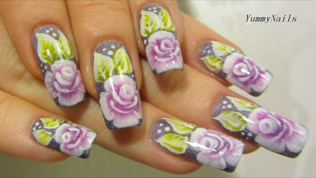 One Stroke Nail Art
 e Stroke Rose Garden Design in Violet Purple Lime