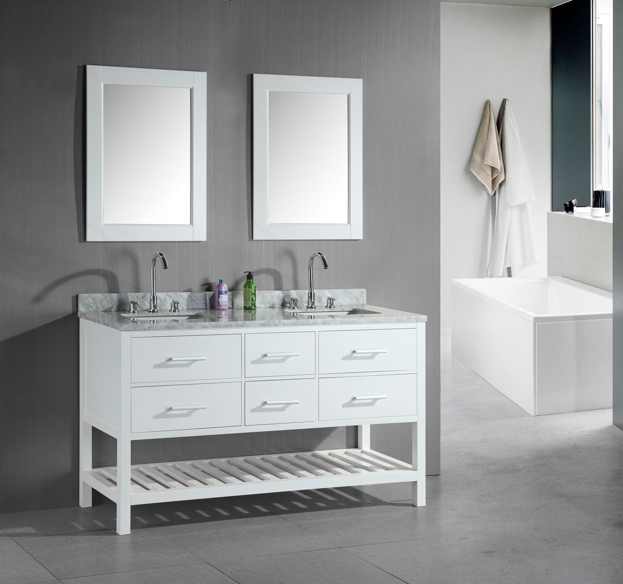 Open Bottom Bathroom Vanities
 London 61in Double Sink Vanity Set in White with Open