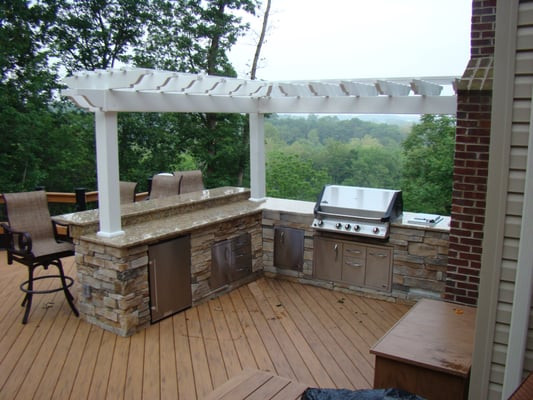 Outdoor Kitchen On Wood Deck
 Custom hardscape outdoor kitchen L shape Granite counter
