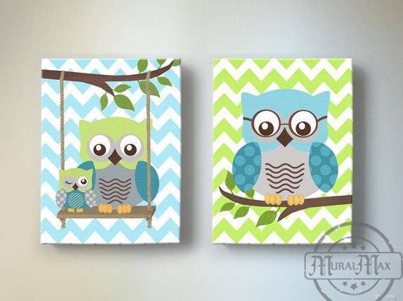 Owl Decor For Baby Nursery
 Owl Nursery Decor Green and Teal OWL canvas art Baby Boy