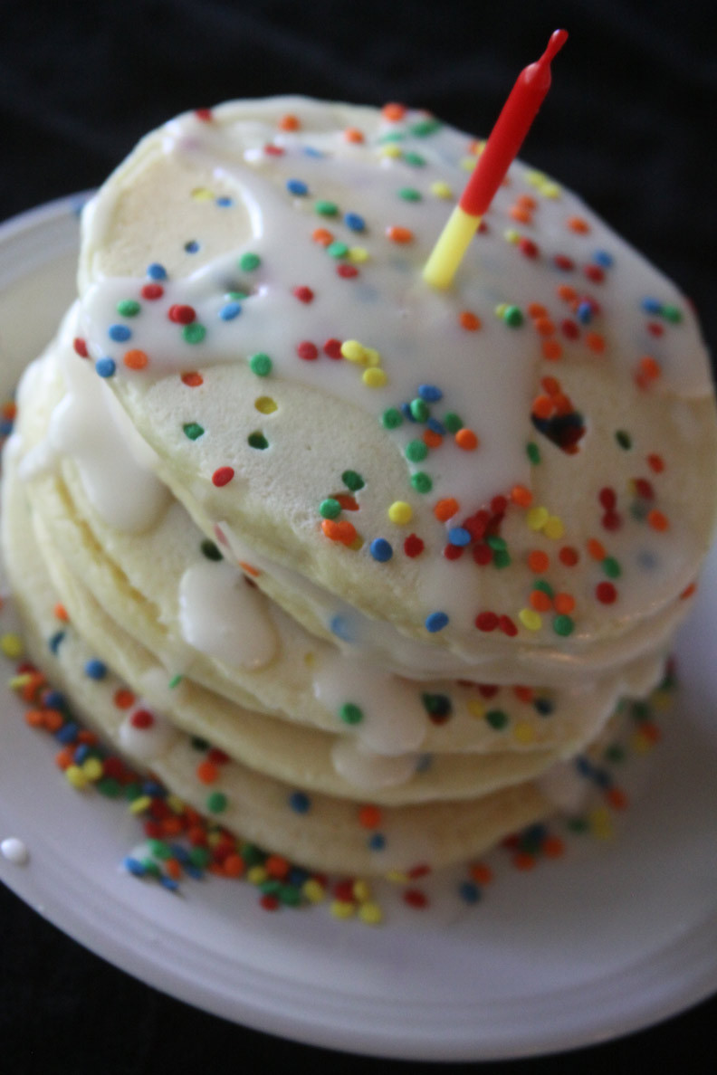 Pancake Birthday Cake
 Birthday Breakfast – Cakebatter Pancakes