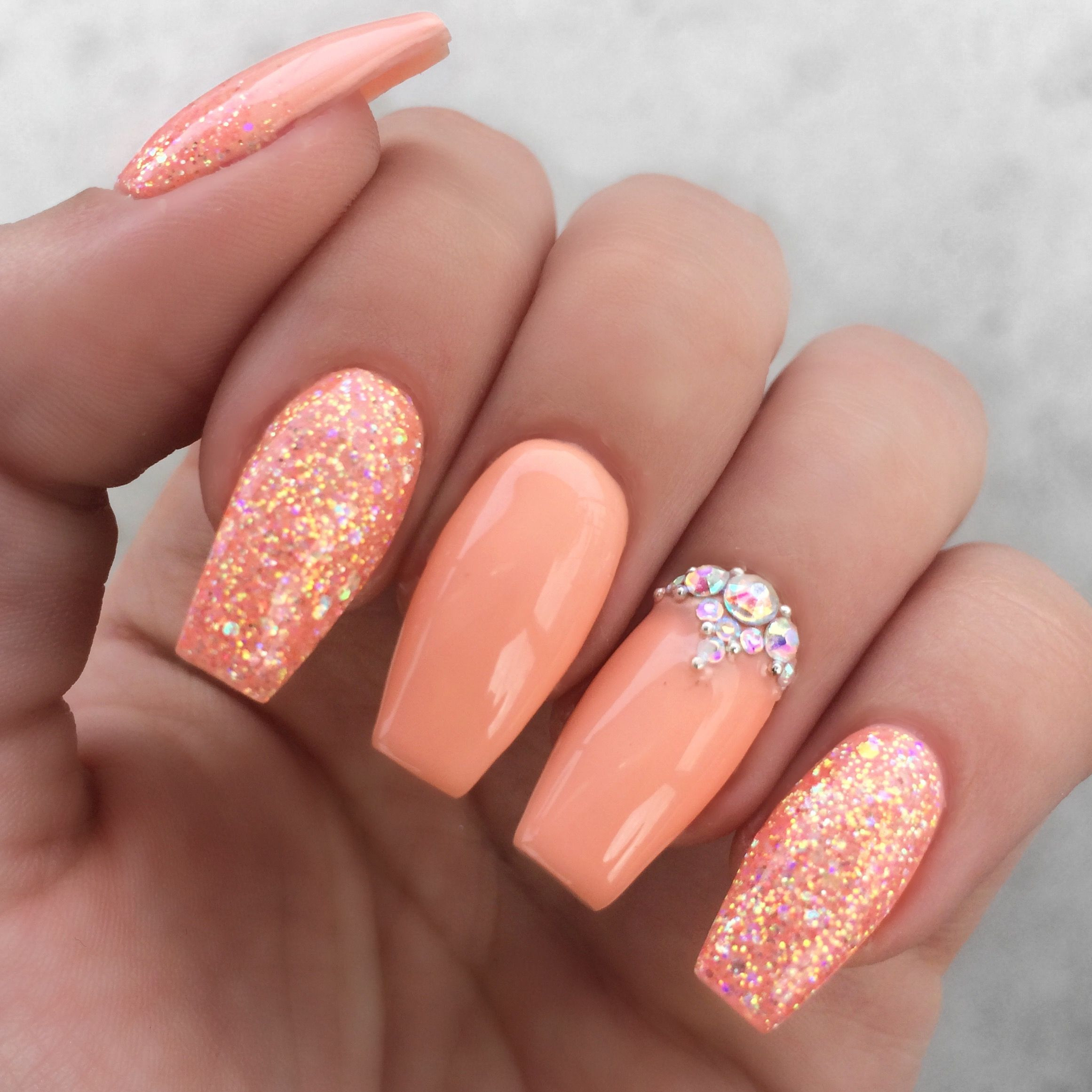 Peach Nail Designs
 Girly peach glitter rhinestone nails in 2019