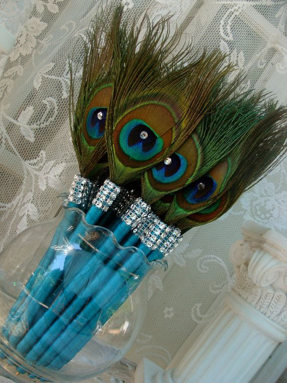 Peacock Wedding Decorations For Sale
 SALE 25 Peacock Feather Pen Favors with Bling in your