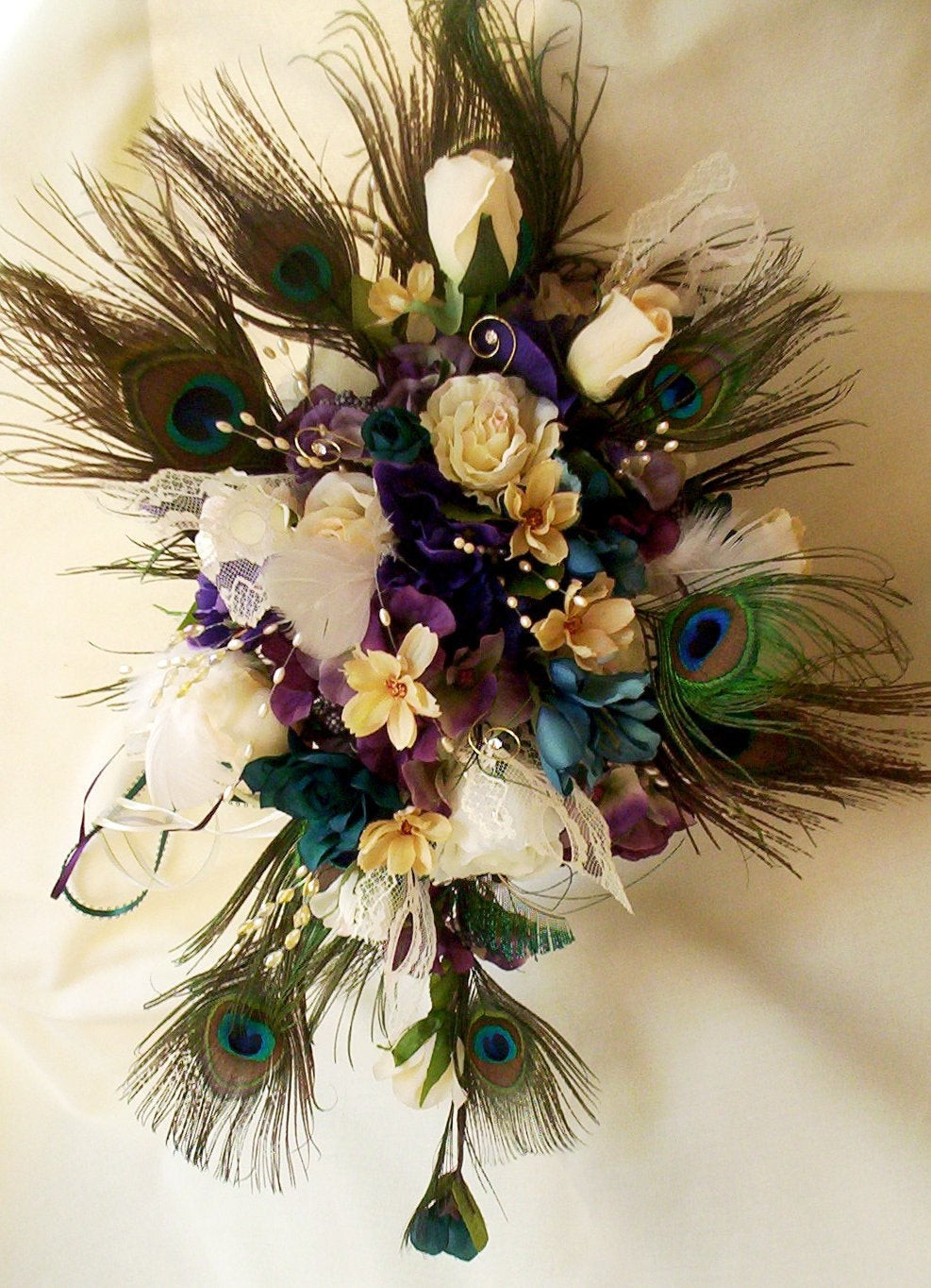 Peacock Wedding Flowers
 Peacock feather Wedding Bouquet package bridal party Ivory