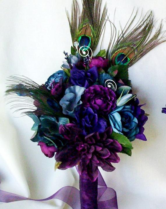 Peacock Wedding Flowers
 Wedding accessories Peacock Bridal Bouquets Plum PurpleTeal