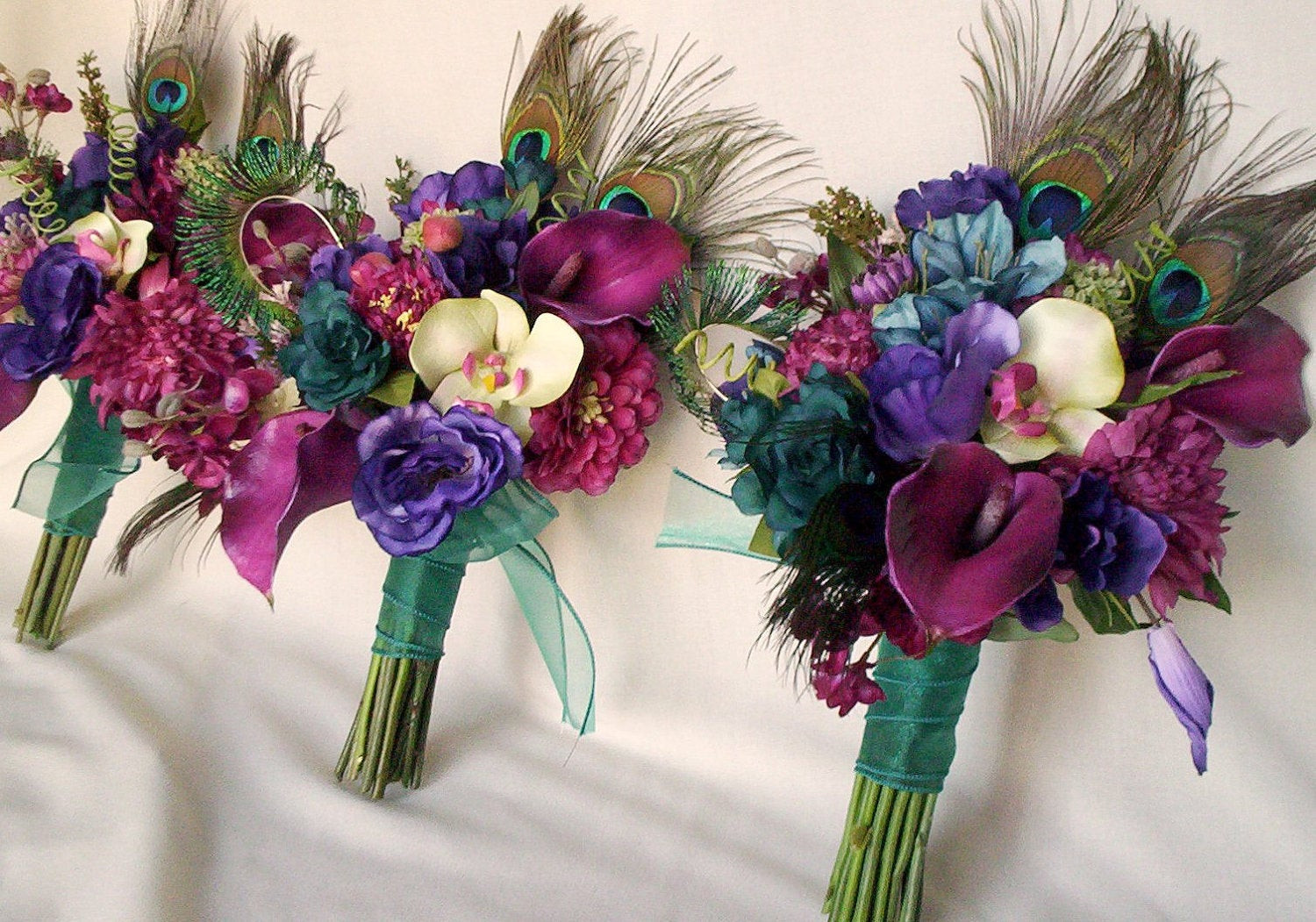 Peacock Wedding Flowers
 Teal Peacock feather Bridal Bouquet Brides maids artificial