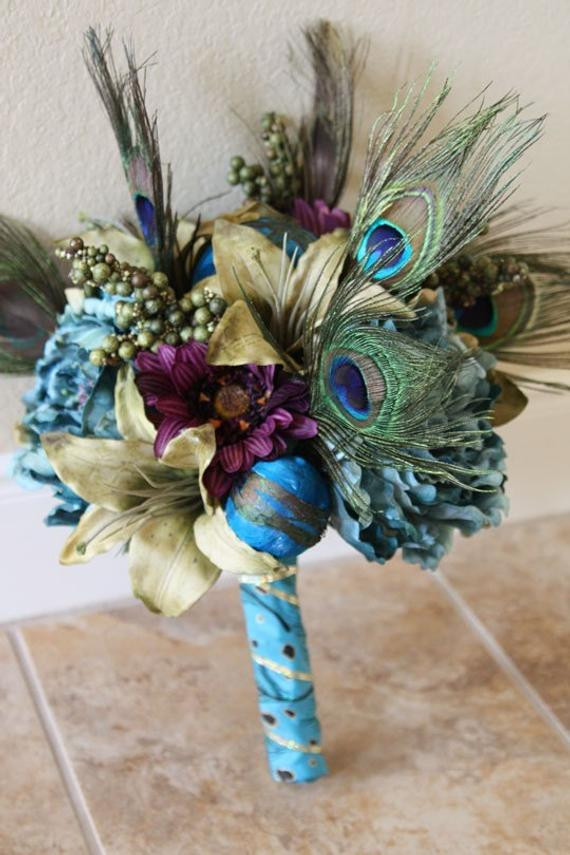 Peacock Wedding Flowers
 Terrific Teal Bridal Bouquet Peacock by SouthernGirlWeddings