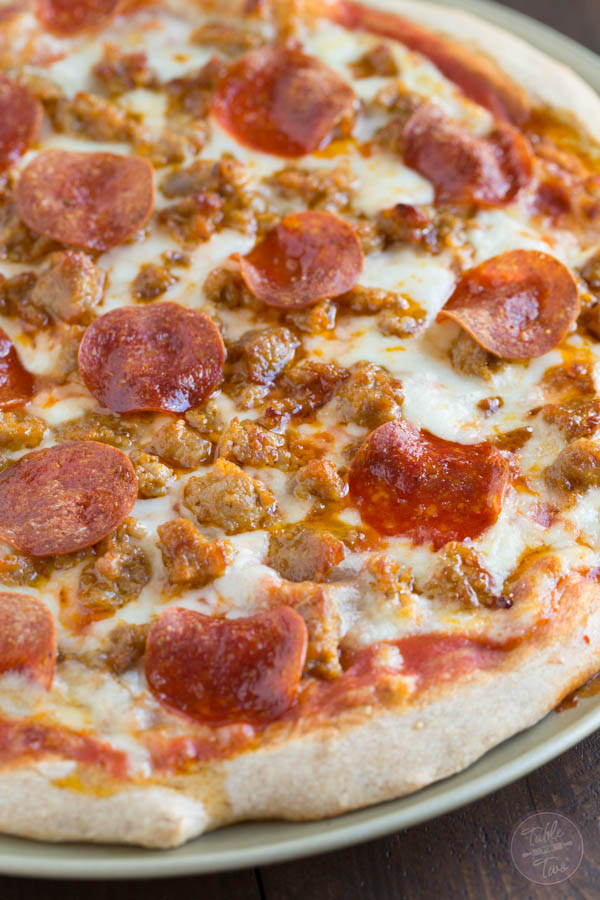 Pepperoni And Sausage Pizza
 Spicy Sausage and Pepperoni Pizza Table for Two by
