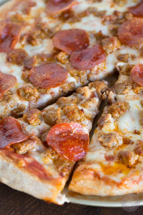 Pepperoni And Sausage Pizza
 Spicy Sausage and Pepperoni Pizza Table for Two by