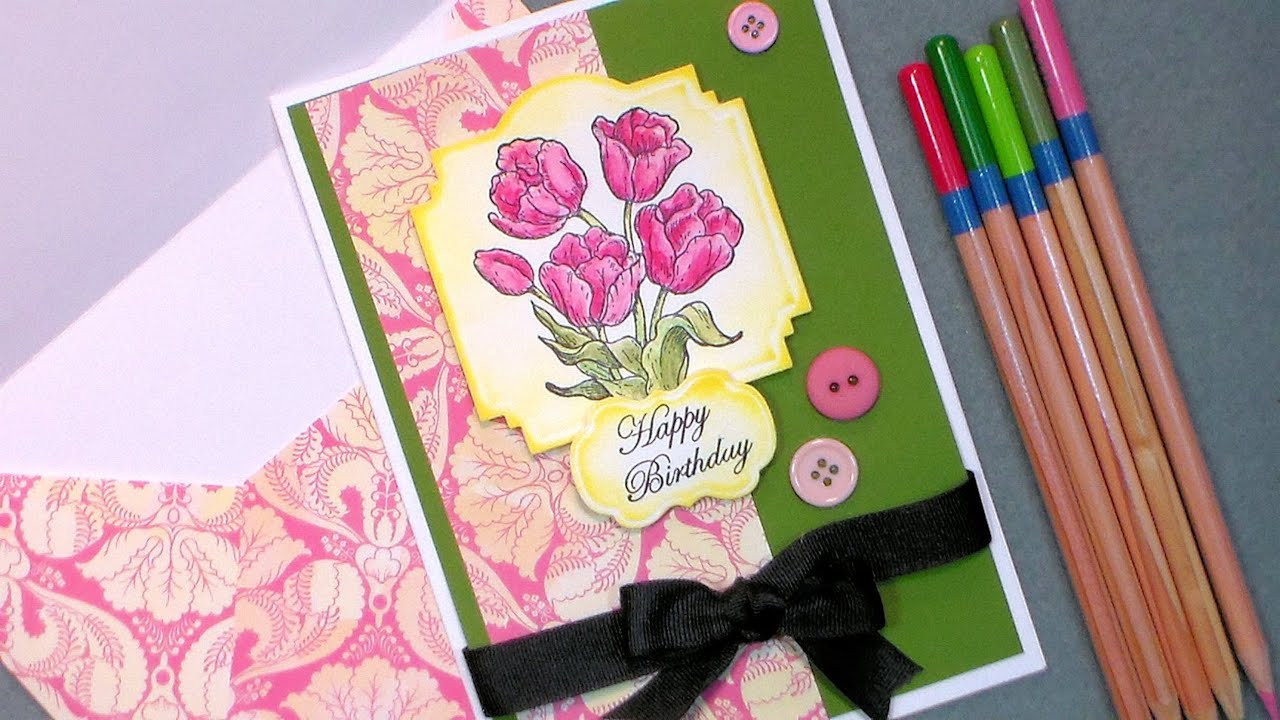 Photo Birthday Cards
 Tulip Happy Birthday Card with Cheap Watercolor Pencils