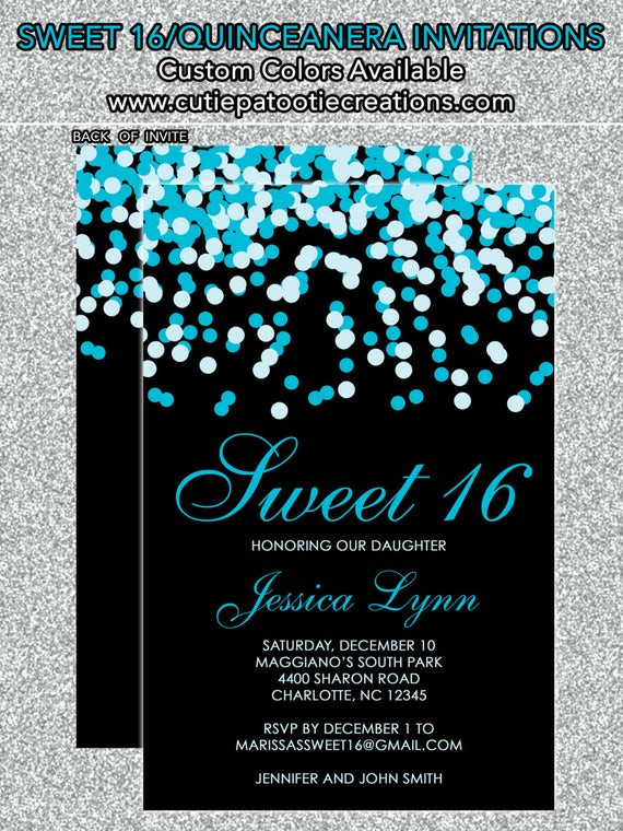 Picture Birthday Invitations
 Teal Blue & Black Confetti Sweet 16 Birthday Invitations