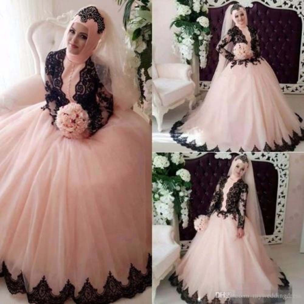 Pink And Black Wedding Dresses
 Muslim Black Lace Applique Wedding Dress Vintage Gothic