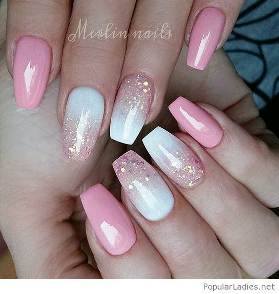 Pink And White Glitter Nails
 Pink and white gel nail design with glitter