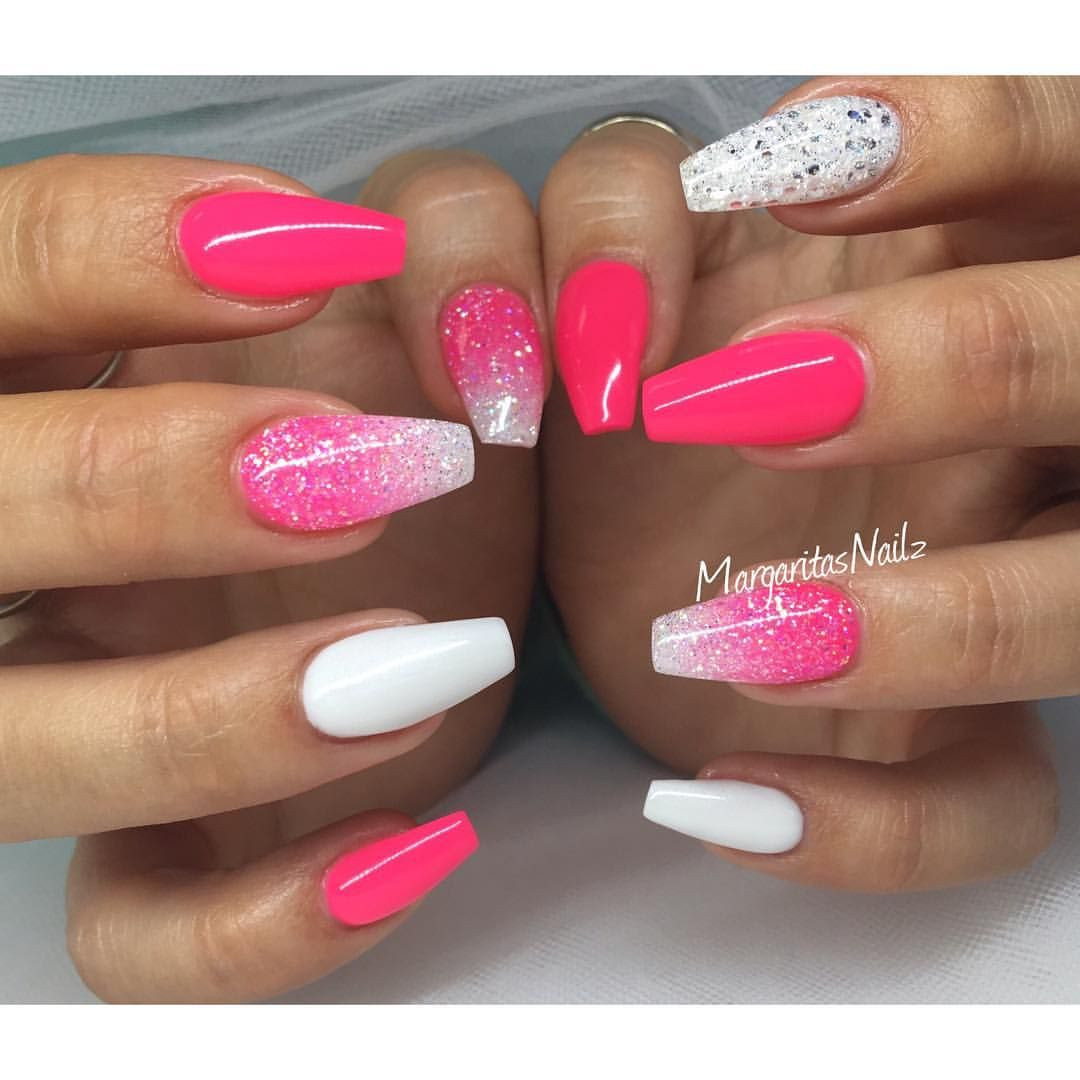 Pink And White Glitter Nails
 Neon pink and white coffin nails glitter ombré spring
