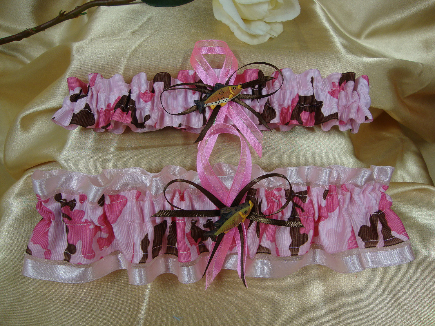 Pink Camo Wedding Decorations
 Pink Camouflage Wedding Garter Set with Fish Charms
