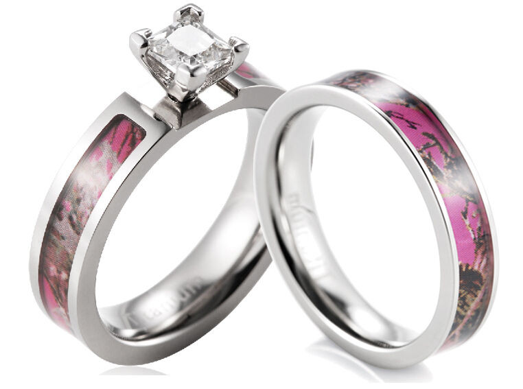 Pink Camo Wedding Ring
 Titanium Pink Muddy Tree Camo Ring CZ setting engagement