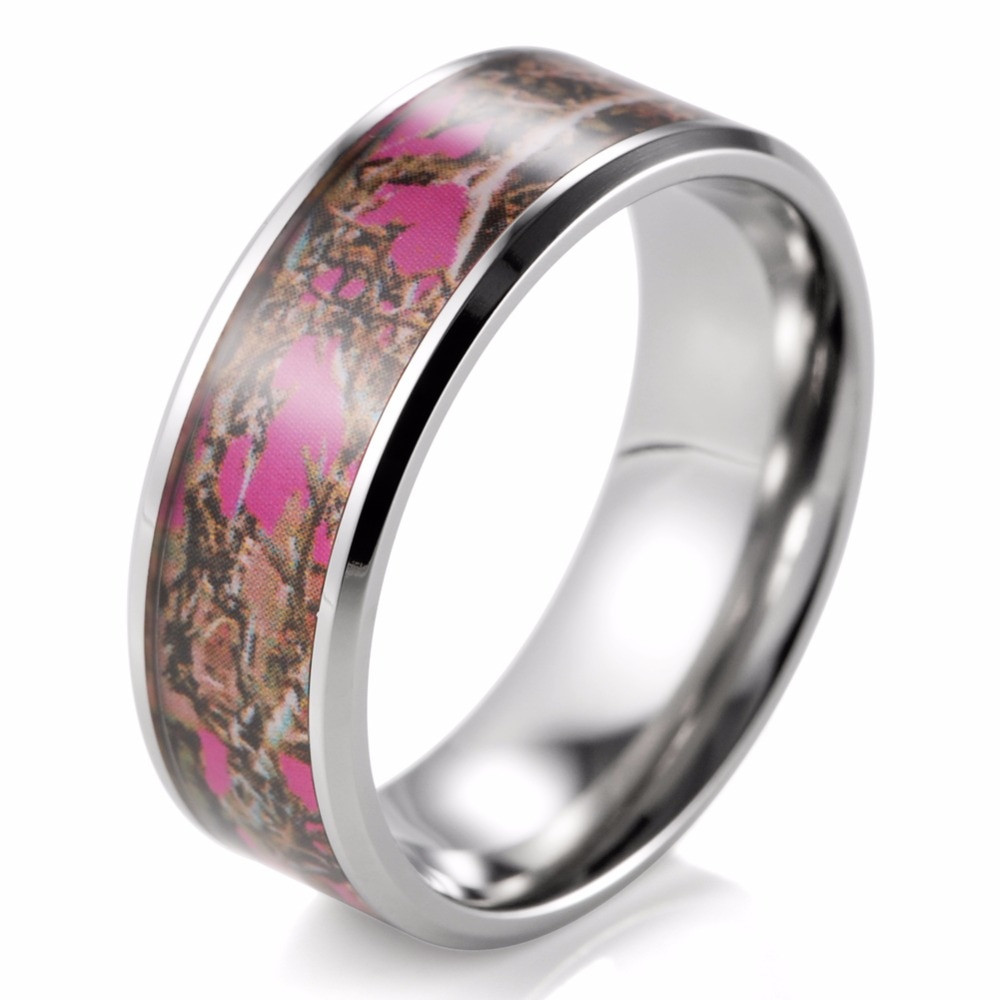 Pink Camo Wedding Ring
 8mm Pink Muddy Girl Camo Ring Beveled Titanium Camouflage