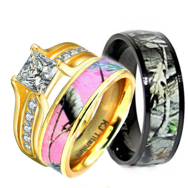 Pink Camo Wedding Ring
 His & Hers 3 pcs Pink Camo 14K Gold Plated Silver