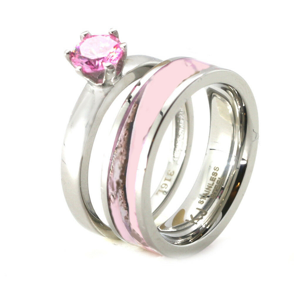 Pink Camo Wedding Ring
 Womens Pink Camo Engagement Wedding Ring Set Stainless