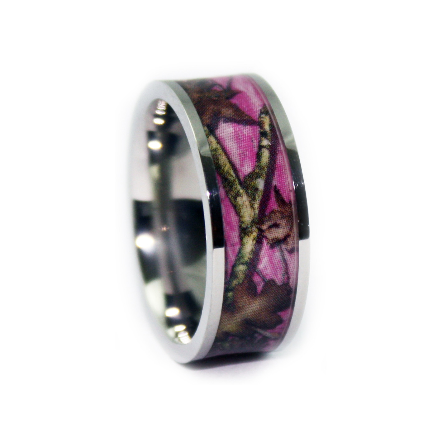 Pink Camo Wedding Ring
 Pink Camo Wedding Rings Flat Titanium Camouflage Band by