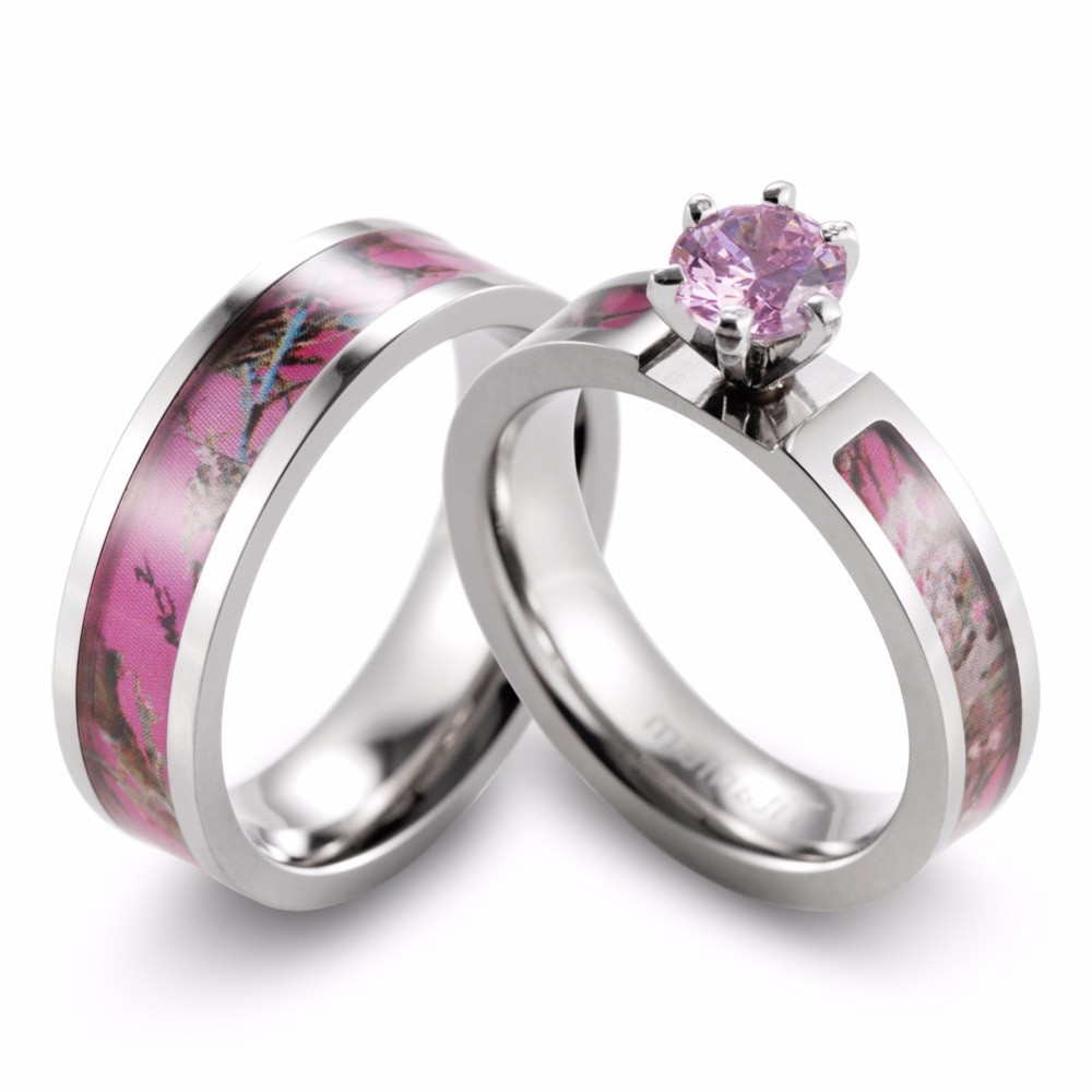 Pink Camo Wedding Ring
 SHARDON Women Camo Titanium ring Prong Setting Pink CZ