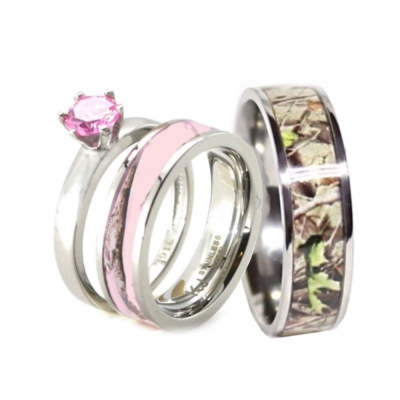 Pink Camo Wedding Rings For Her
 HIS & HER Pink Camo Band Engagement Wedding Ring Set