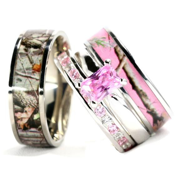 Pink Camo Wedding Rings For Her
 His and Her s Camo Pink Radiant Stainless Steel Sterling