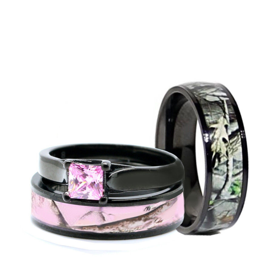 Pink Camo Wedding Rings For Her
 HIS Black Camo Band HER Pink Titanium Engagement Wedding
