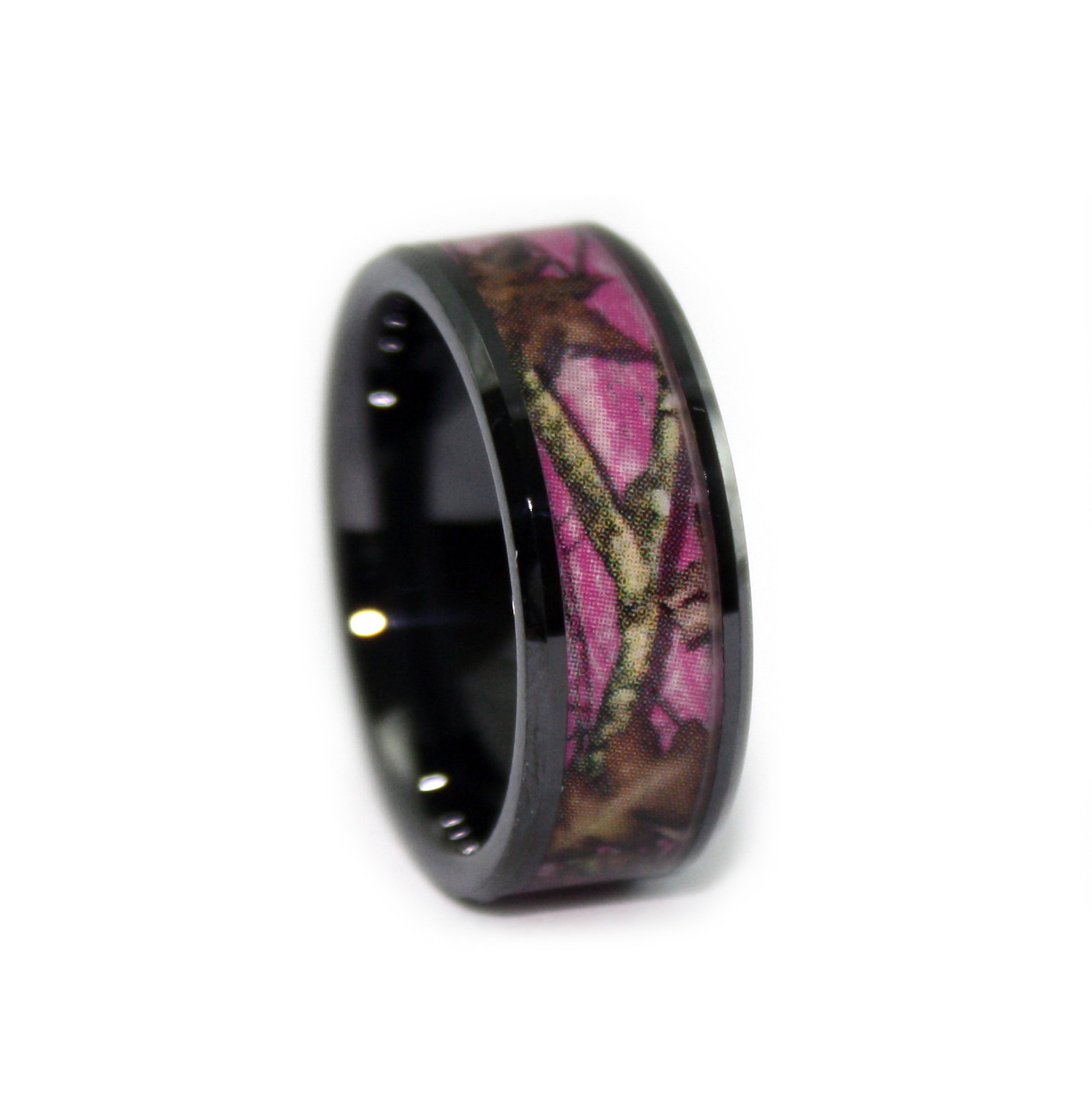 Pink Camo Wedding Rings For Her
 Pink Camo Wedding Rings Black Ceramic Band by 1 CAMO
