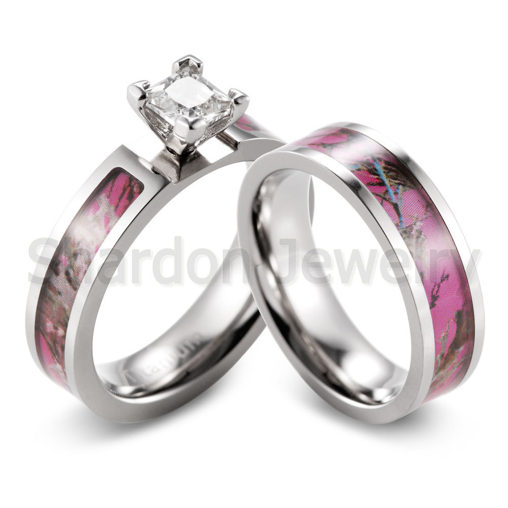 Pink Camo Wedding Rings For Her
 Pink Muddy Tree Camo Ring CZ Prong setting engagement