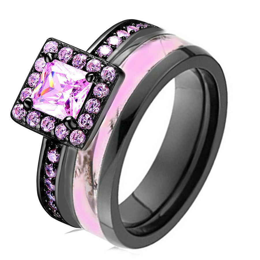 Pink Camo Wedding Rings For Her
 Pink Camo Black 925 Sterling Silver & Titanium Engagement