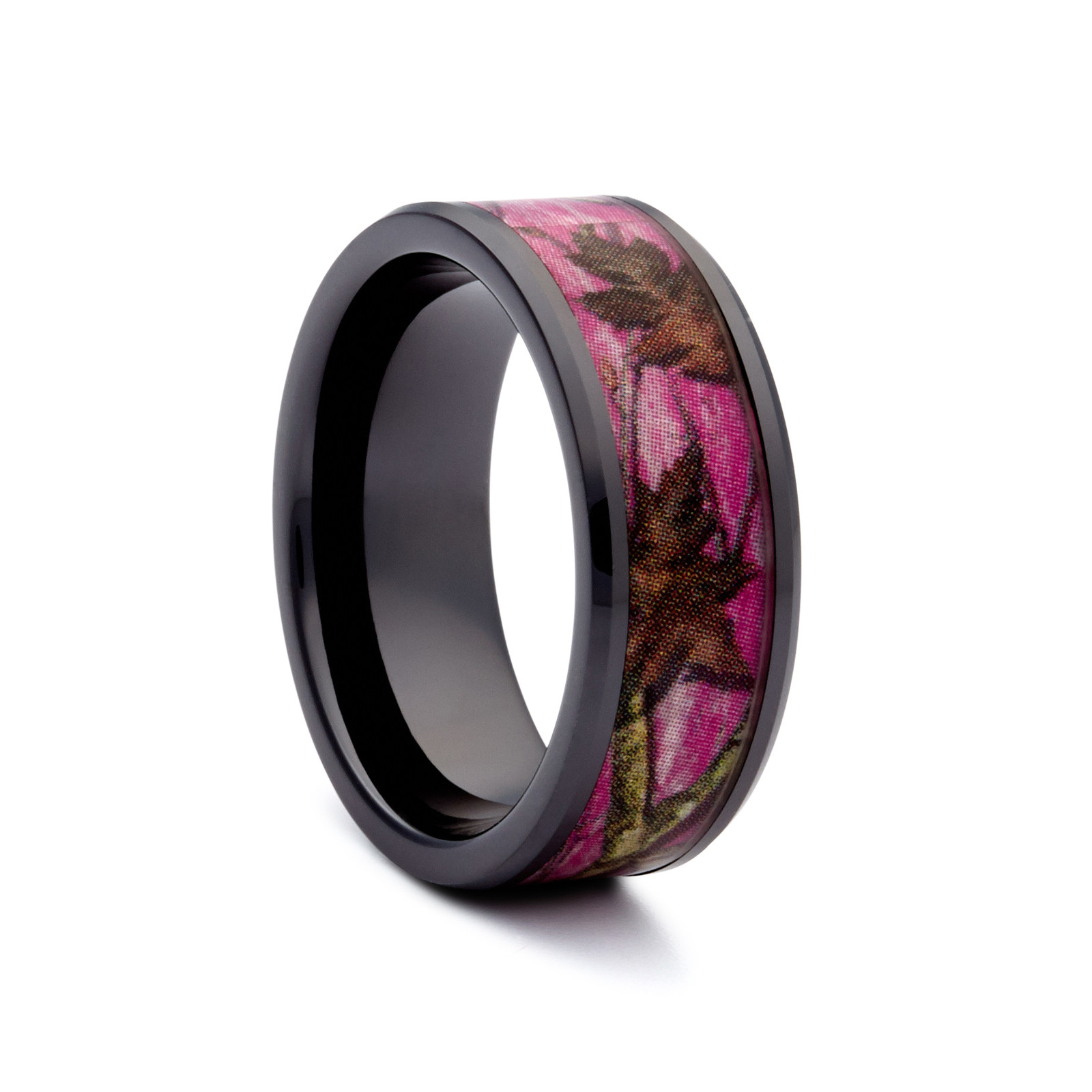 Pink Camo Wedding Rings For Her
 Pink Camo Wedding Rings Black Ceramic Band Hunting