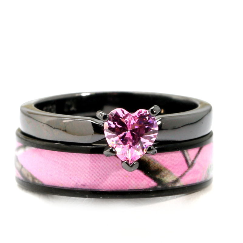 Pink Camo Wedding Rings For Her
 Black Plated Pink Heart CZ CAMO WEDDING RINGS Bridal
