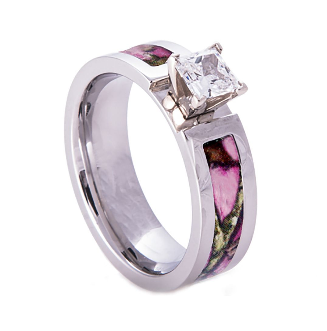 Pink Camo Wedding Rings For Her
 Pink Camo Wedding Engagement Ring Titanium with CZ Stone
