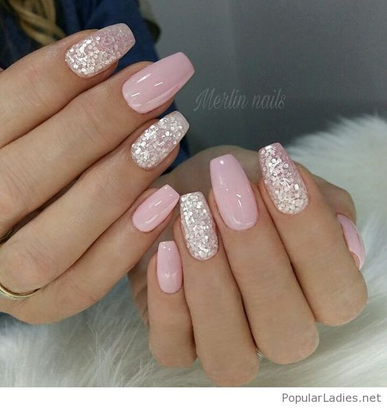 Pink Glitter Gel Nails
 Light pink gel nails with silver glitter