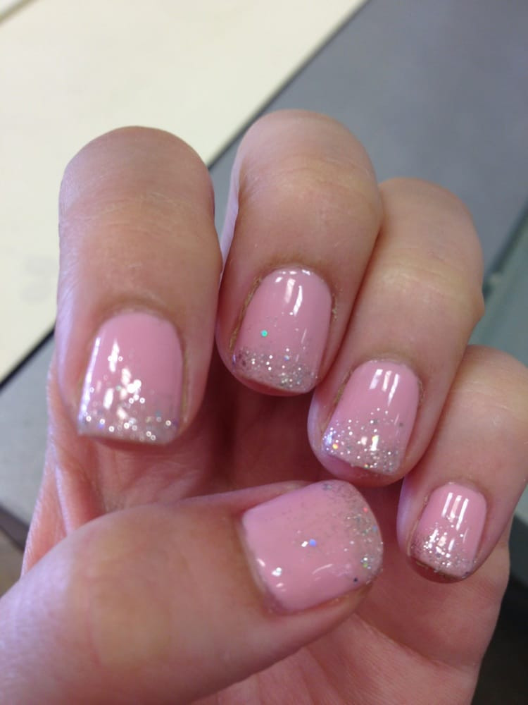 Pink Glitter Gel Nails
 Baby pink with silver glitter Gel nails by Amy I m so in