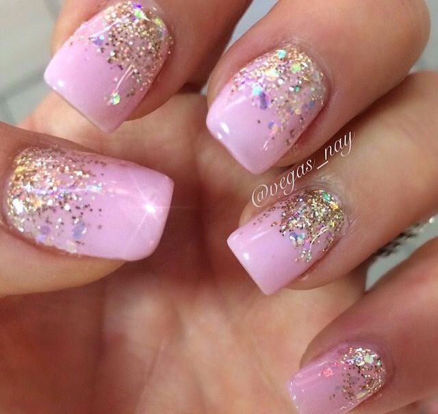 Pink Glitter Nails
 Light pink gel with an ombré sparkle nail design