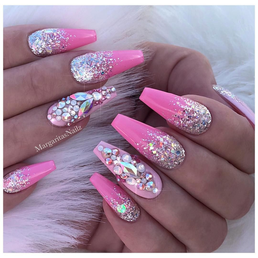 Pink Glitter Nails
 Pink coffin nails Silver glitter ombré Bling nail art