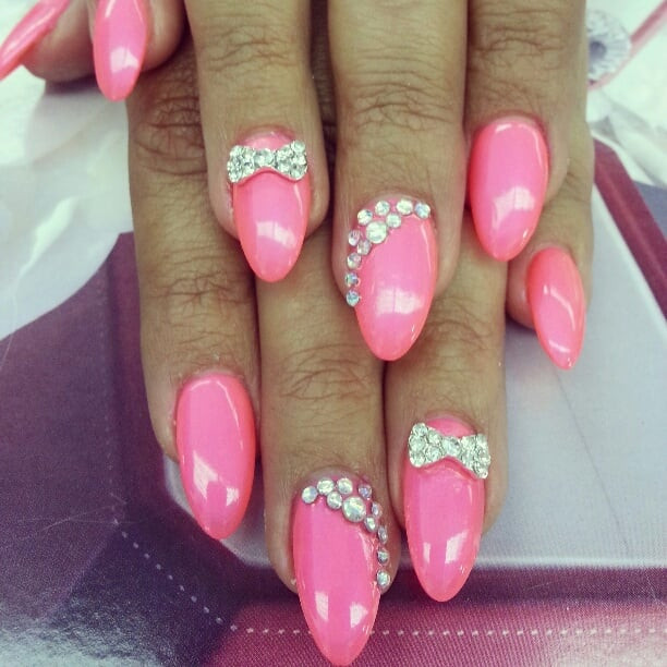 Pink Nail Designs With Diamonds
 Hot Pink Stiletto nails with GEL and Diamond Design Yelp