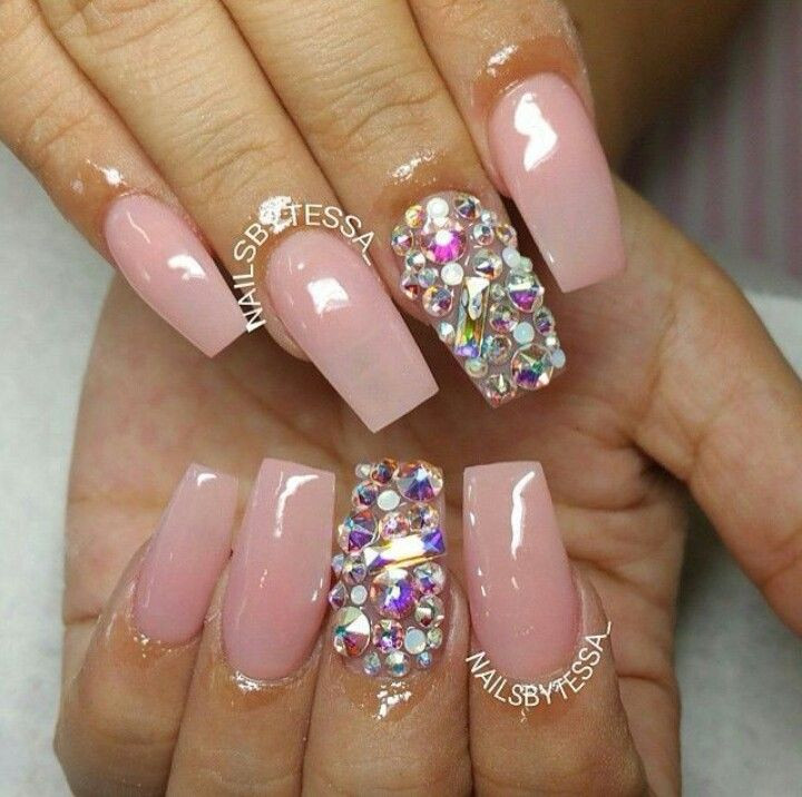 Pink Nail Designs With Rhinestones
 Light Pink Square Tip Acrylic Nails w Rhinestones