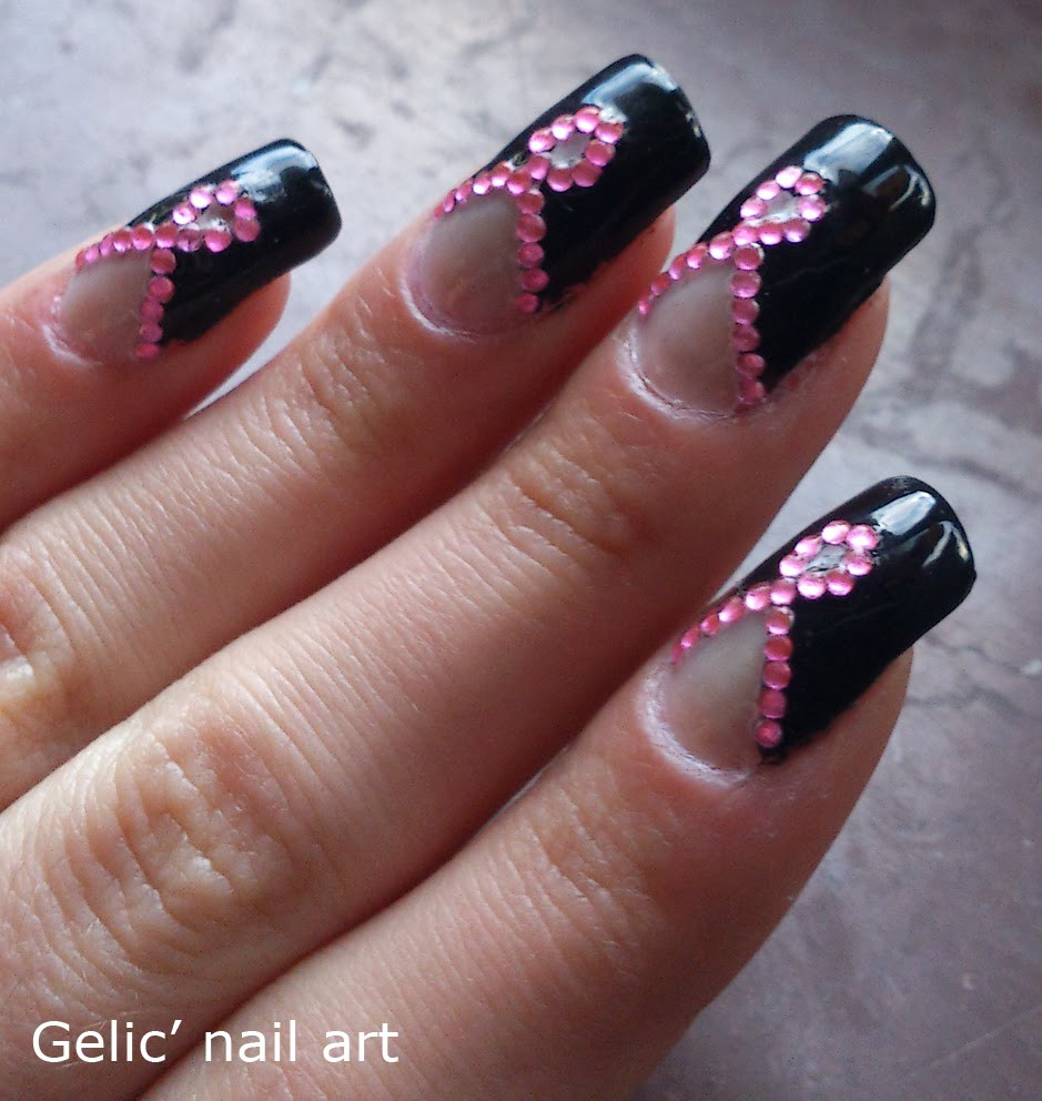 Pink Nail Designs With Rhinestones
 Gelic nail art Pink ribbon rhinestone nail art