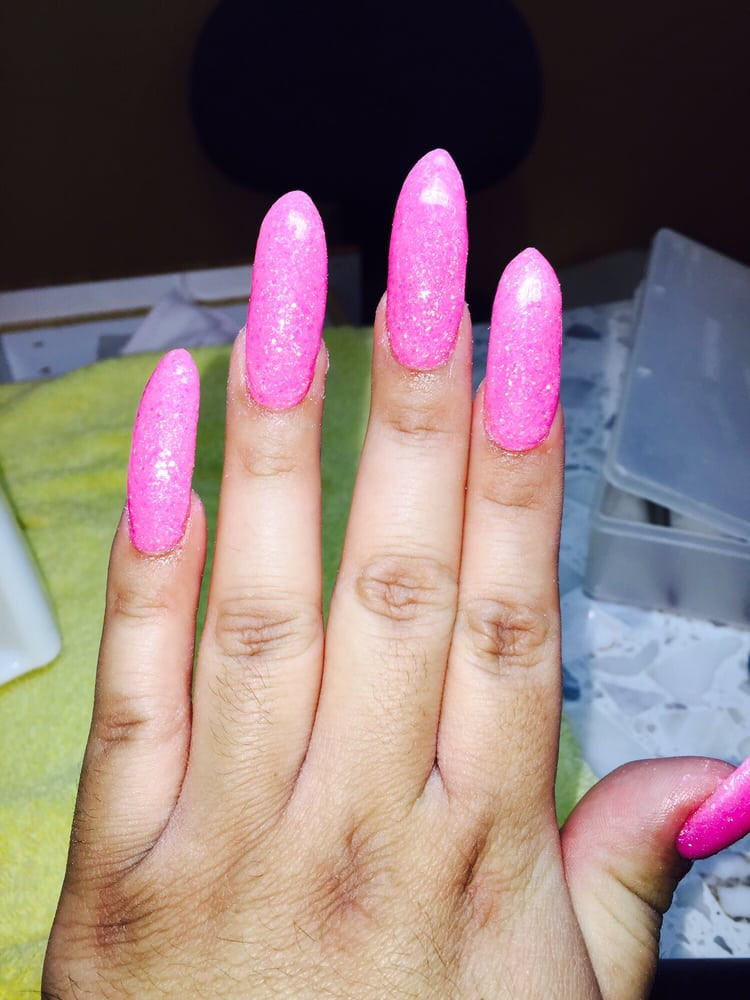Pink Nails Glitter
 Long pointed glitter powder pink nails Yelp