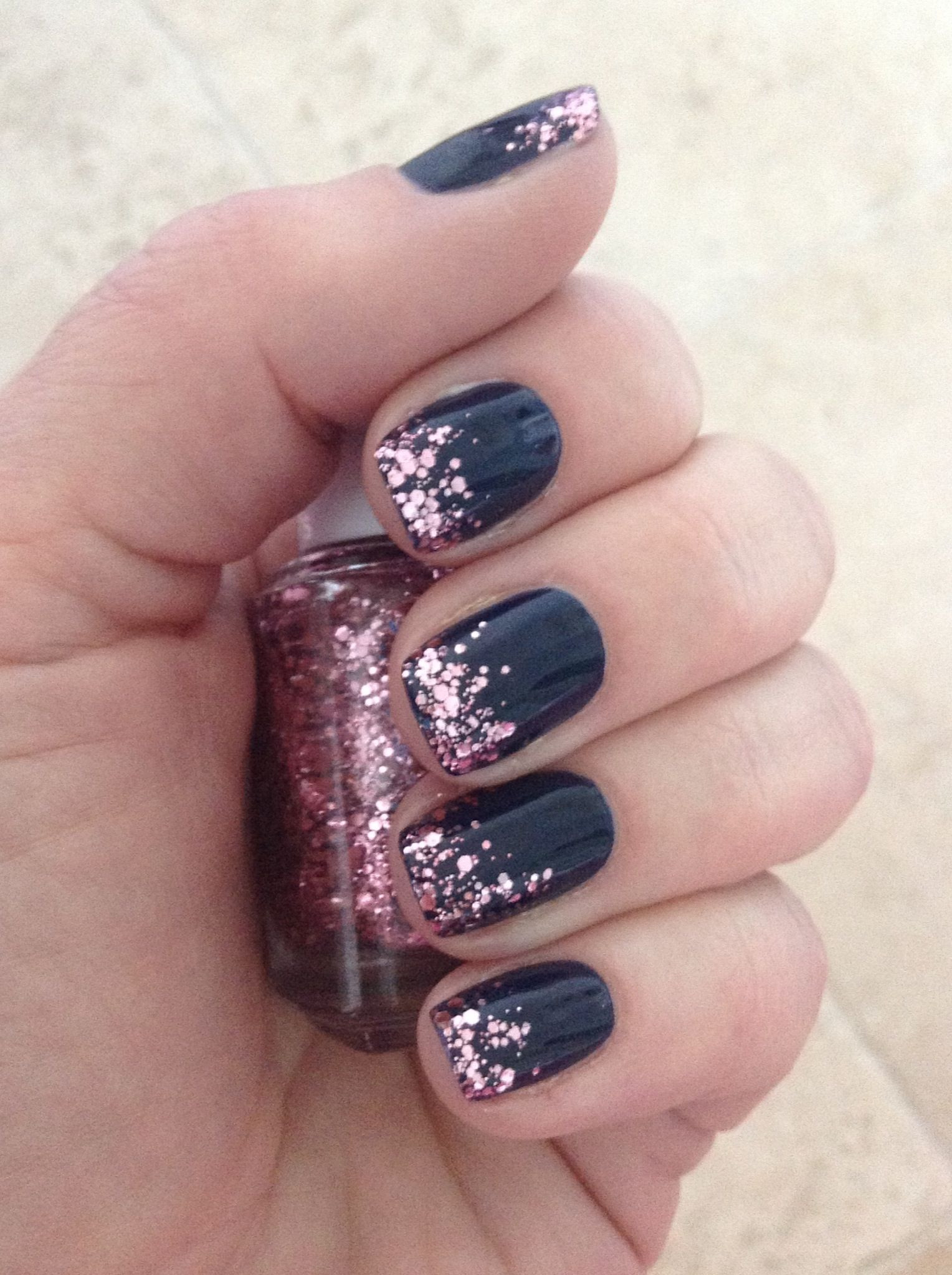 Pink Nails With Glitter Tips
 Nails • Navy with pink glitter tips