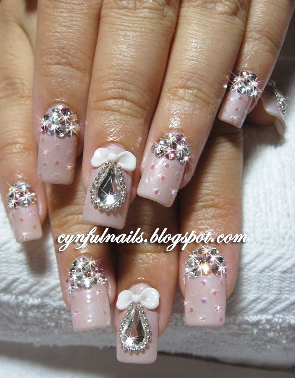 Pink Wedding Nails
 Cynful Nails Pale pink bridal nails w clustered crystals