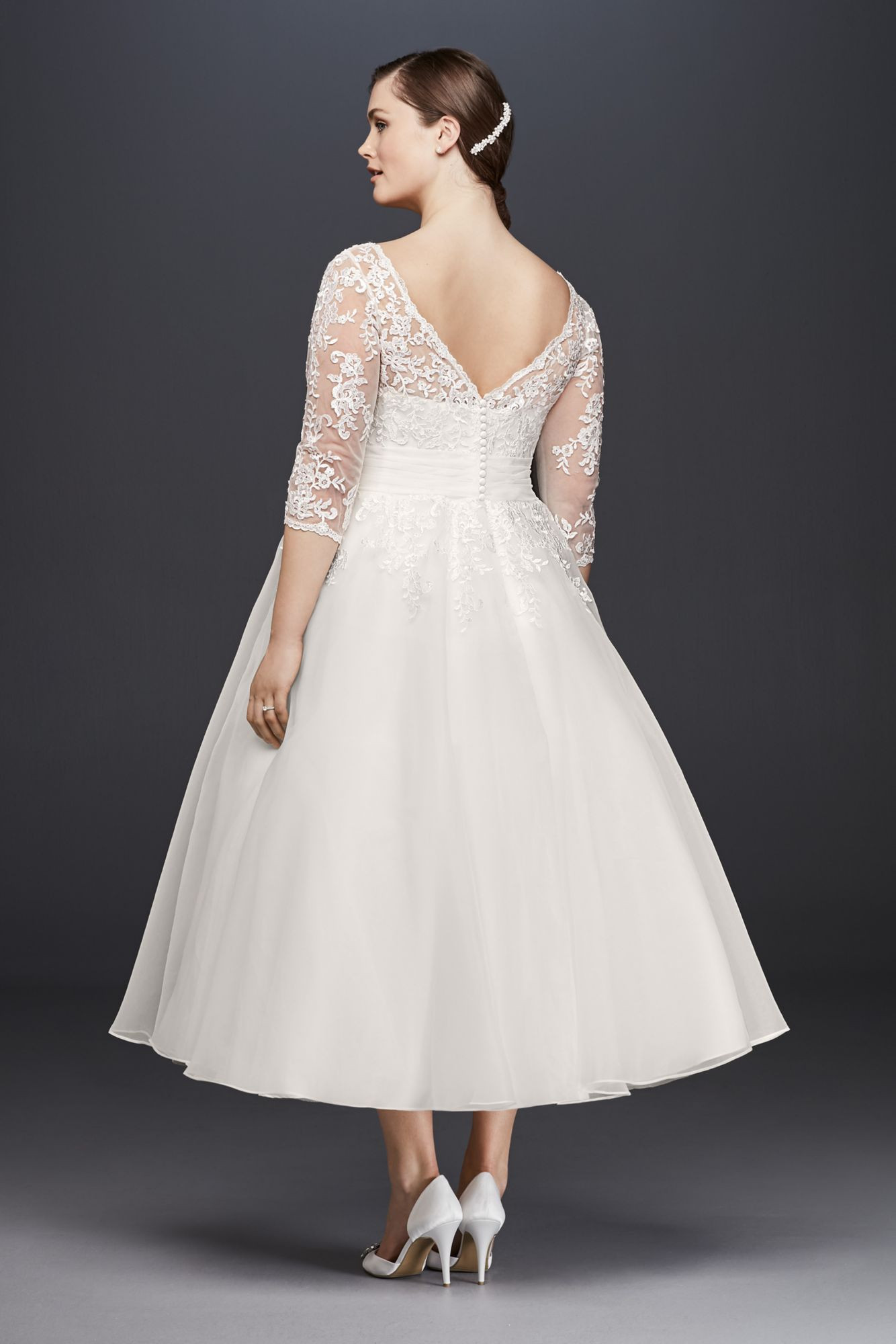 Plus Size Tea Length Wedding Dress
 Plus Size 3 4 Sleeves 9WG3857 Style Tea Length Lace