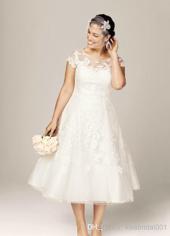 Plus Size Tea Length Wedding Dress
 New Style Cap Sleeve Ivory Lace A Line Tea Length Short