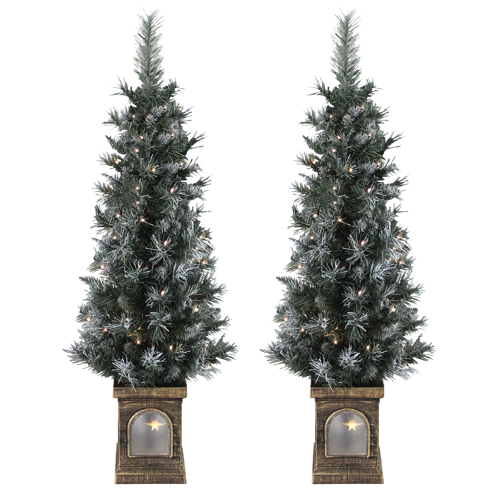 Pre Lit Entryway Christmas Trees
 Set 2 Pre Lit 4ft 120cm Frosted Christmas Xmas